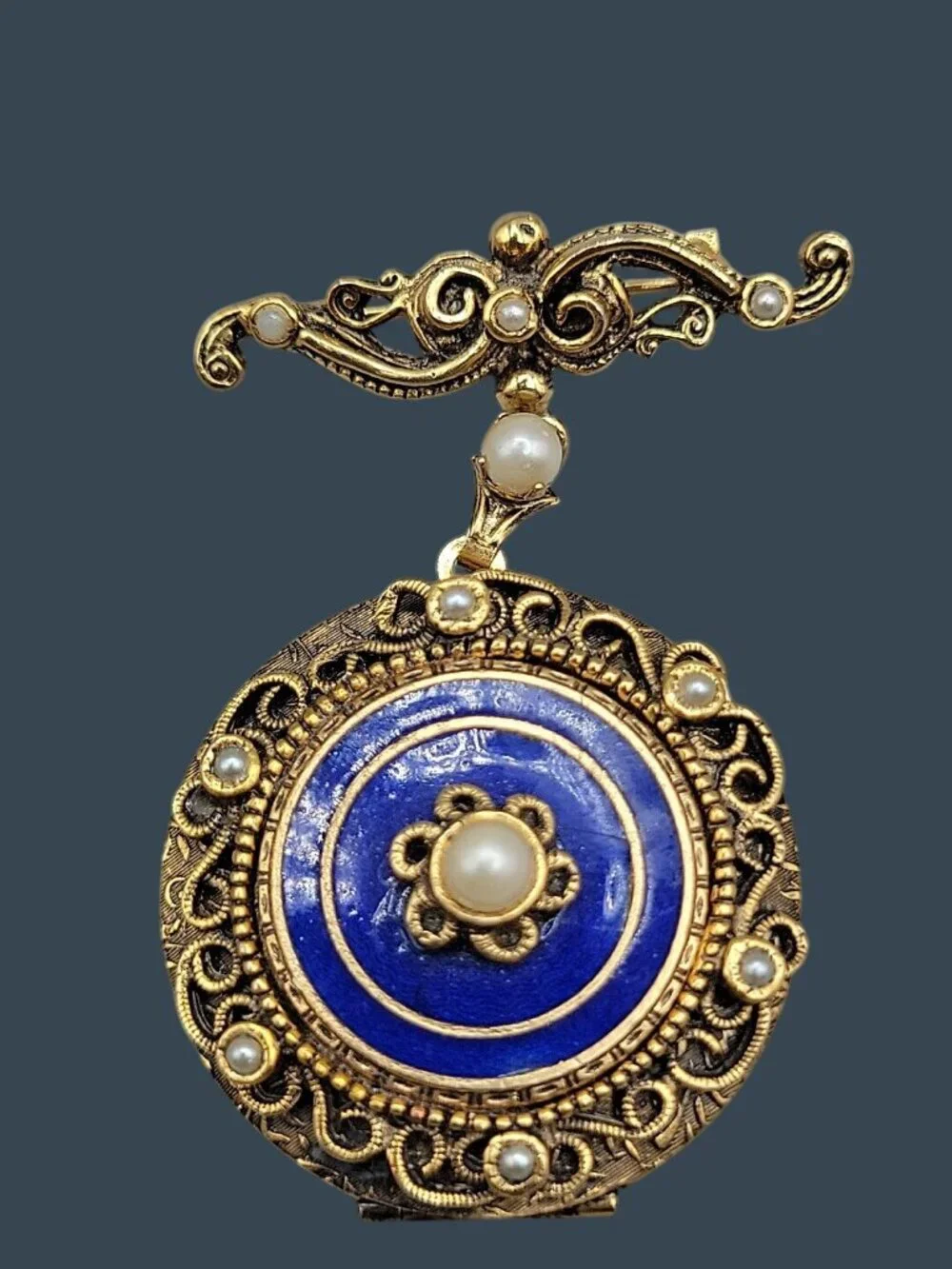 Vintage Victorian Revival Blue Enamel Faux Pearl Dangling Photo Locket brooch